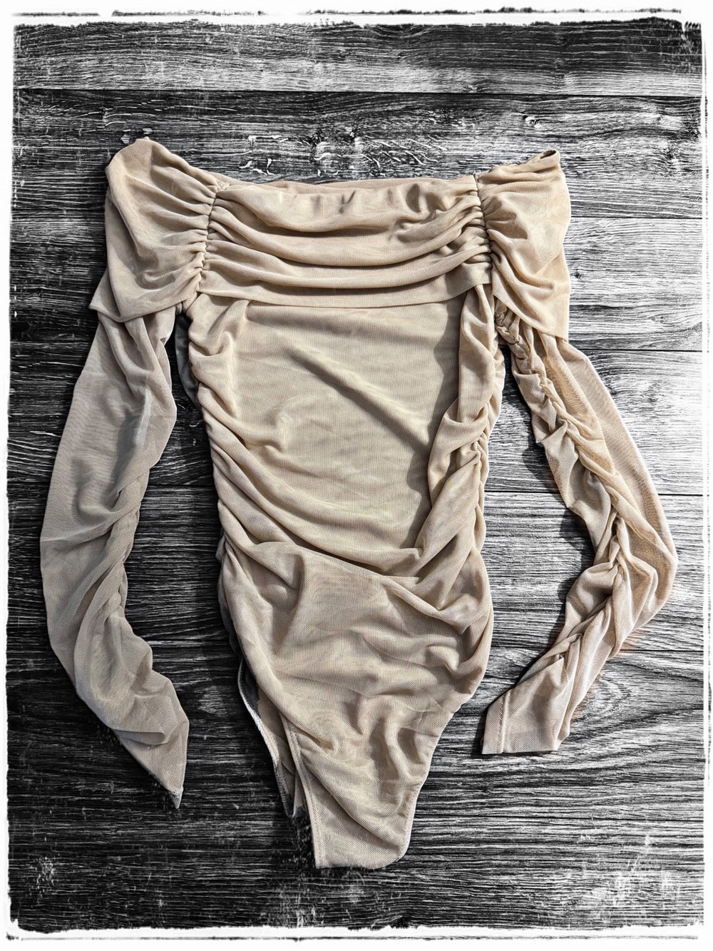 Timing Sheer Beige Ruched Off-Shoulder Long Sleeve Bodysuit
